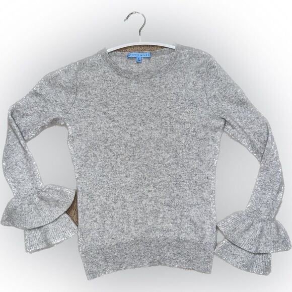 ANTONIO MELANI 100% Cashmere Gray Crew Neck Sweater with Ruffle Cuffs - Picture 2 of 7